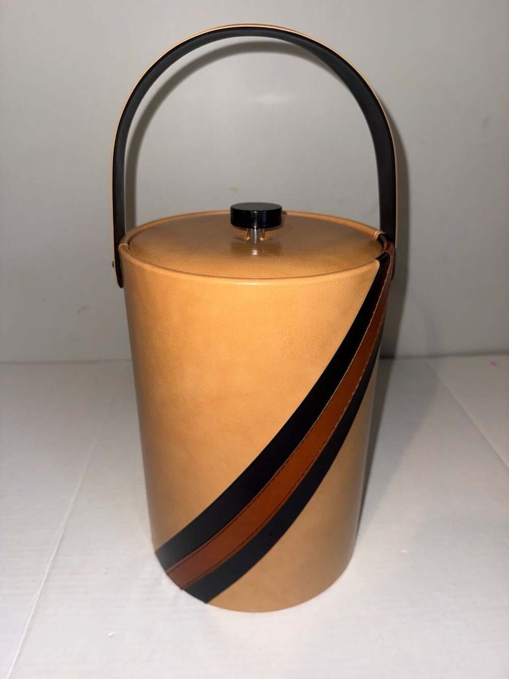 Vintage Georges Briard Mid-Century Modern‎ Tan Vinyl Striped Ice Bucket